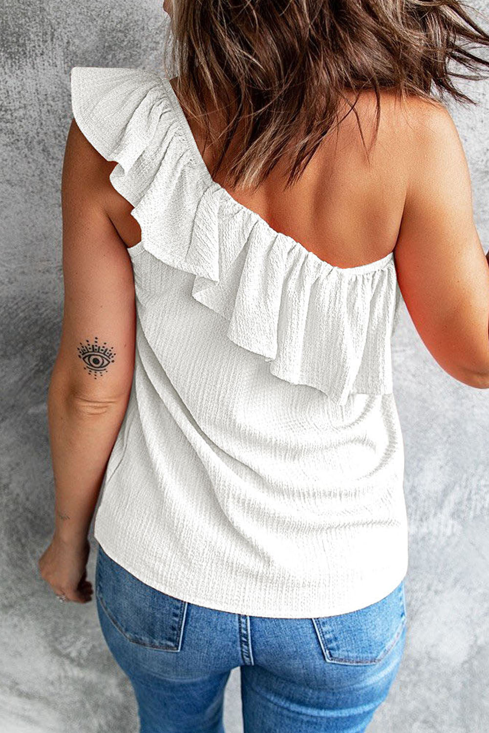 Sky Blue Ruffle One Shoulder Crinkle Tank