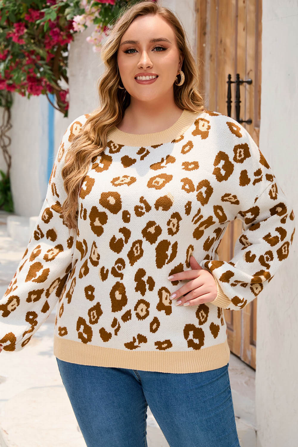 Leopard Plus Size Ribbed Hem Leopard Sweater