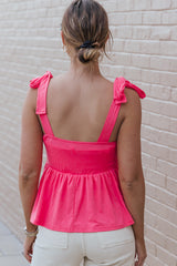 Pink Knotted Straps Peplum Tank Top