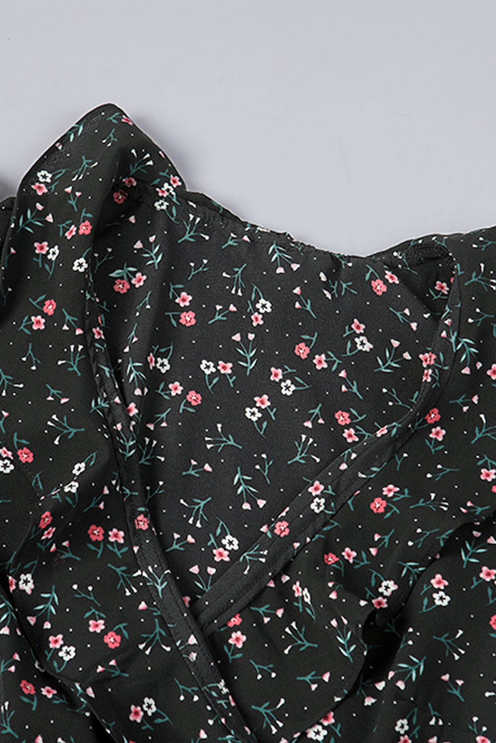 Black Floral Print Belted Ruffled V Neck Sleeveless Top