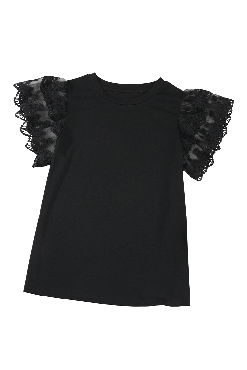 Black Lace Ruffle Sleeve Round Neck T Shirt