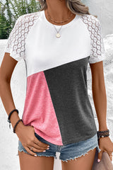 Multicolor Color Block Lace Patchwork Short Sleeve T Shirt