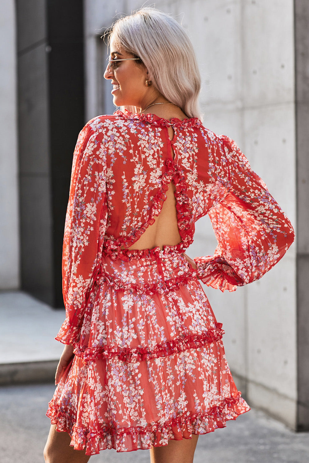 Blue Ruffle Detailing Open Back Floral Dress