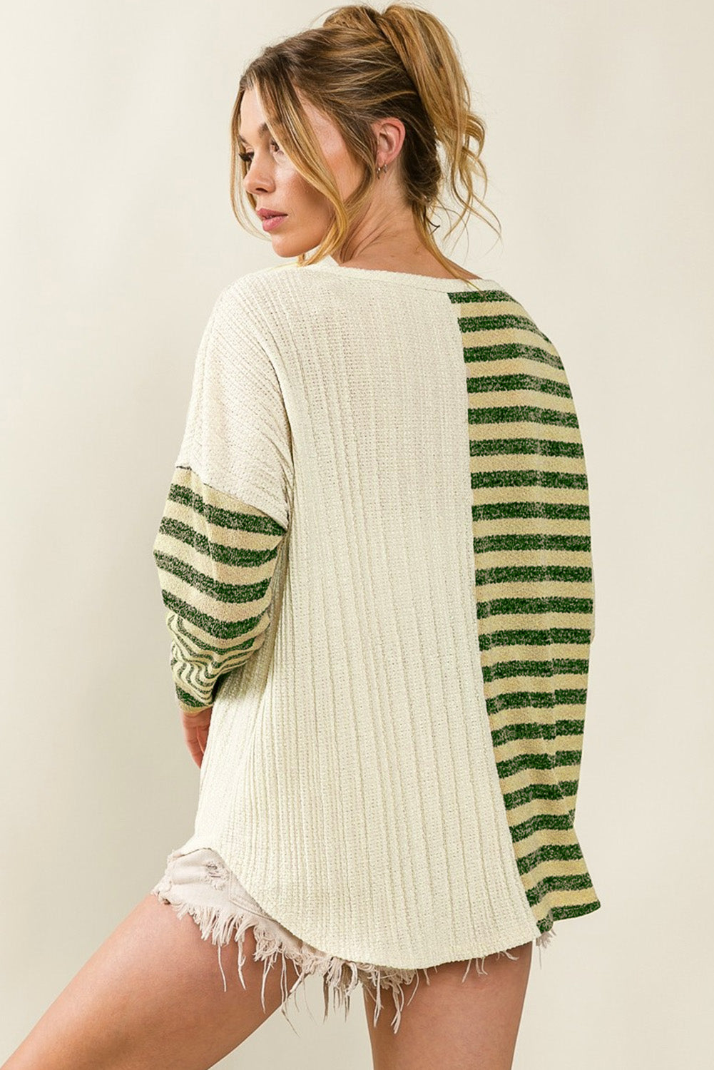 Khaki Striped Patch Textured Long Sleeve Top