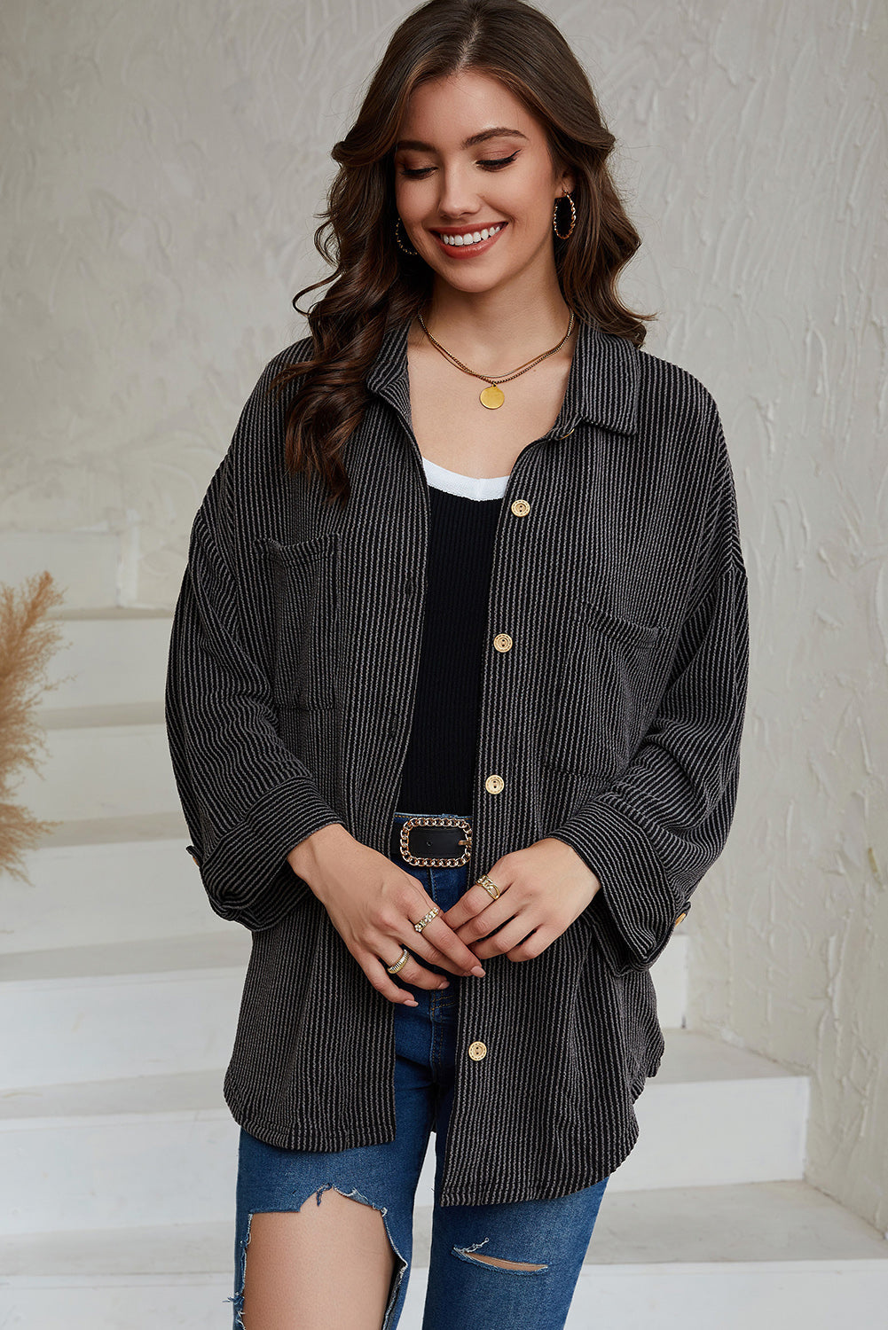 Sky Blue Roll Tab Sleeve Ribbed Cording Shacket