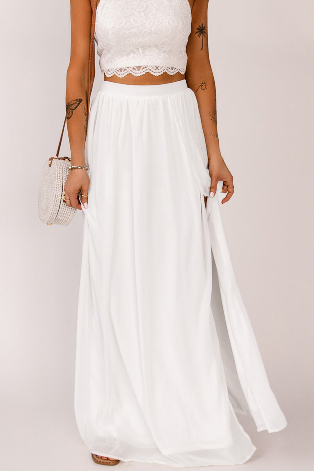 White High Waist Maxi Skirt with Split