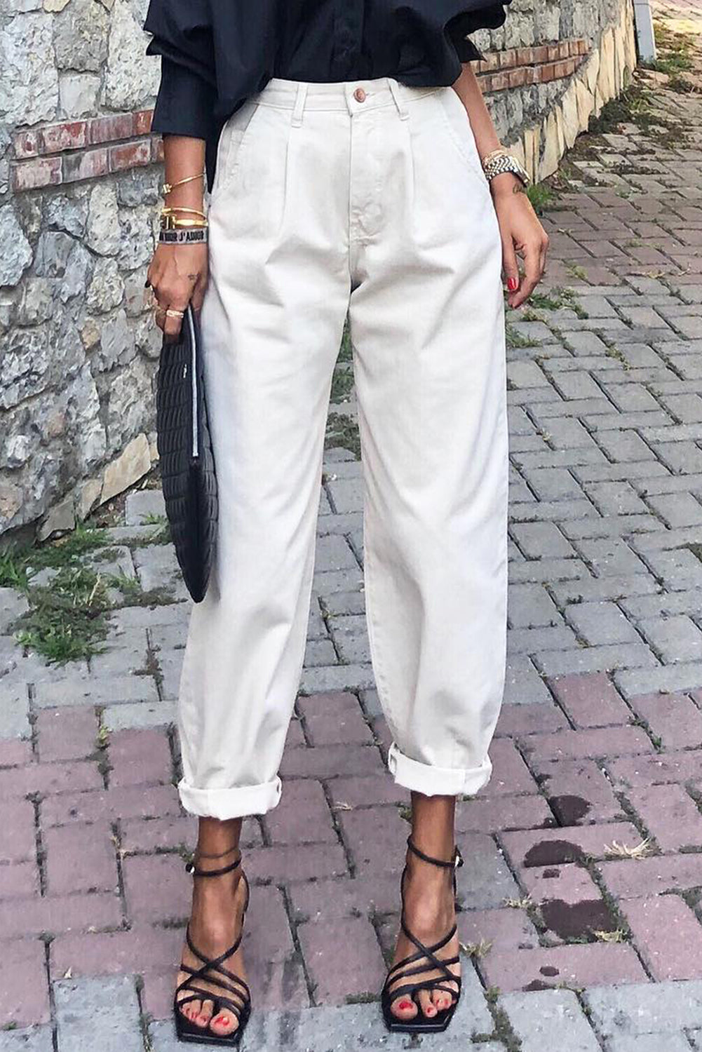 White Solid High Waist Casual Pants