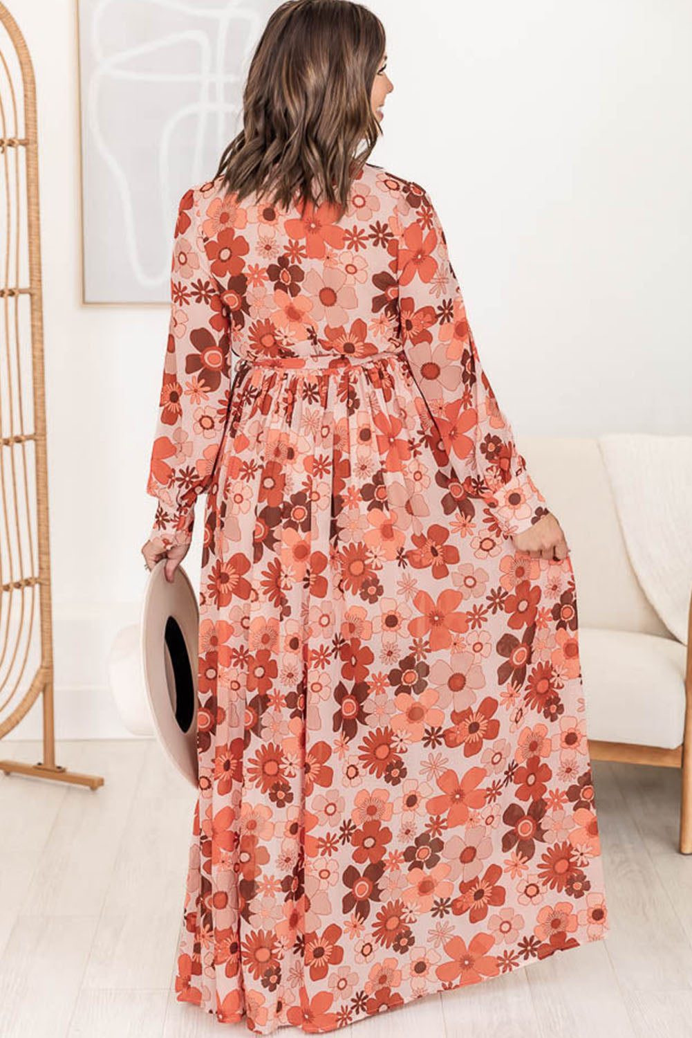 Orange Plus Size Floral Print V Neck Wrap Side Slit Maxi Dress