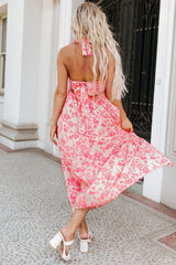 Pink Gingham Floral Tie Shoulder Maxi Dress