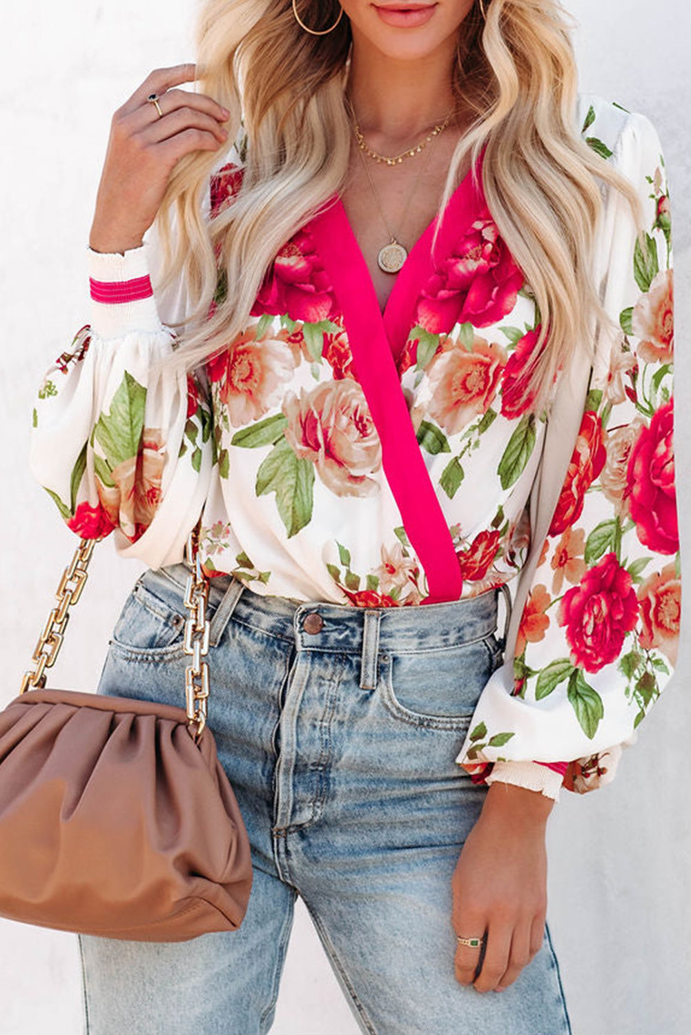 Rose Floral Print V Neck Wrap Bodysuit