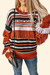 Multicolor Round Neck Striped Sweater with Fringe