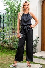 Black Halter Neck Sleeveless Wide Leg Jumpsuit with Belt