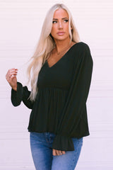 Black Pleated Ruffled V Neck Babydoll Top