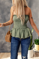 Green Smocked Peplum Strapless Tank Top