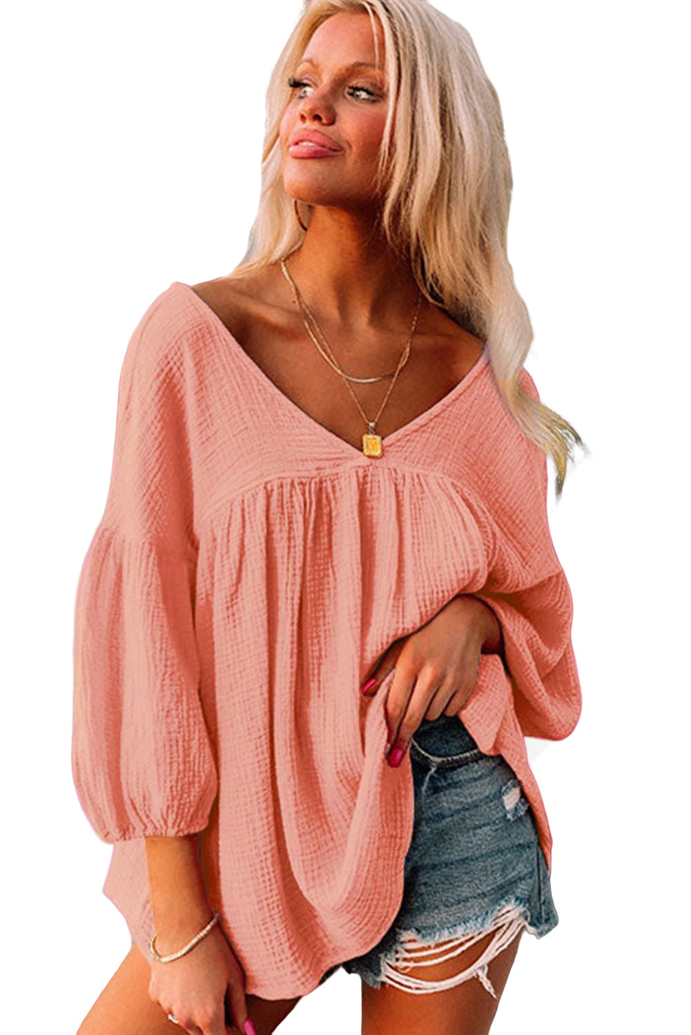 Pink Textured V Neck Bracelet Sleeve Babydoll Blouse