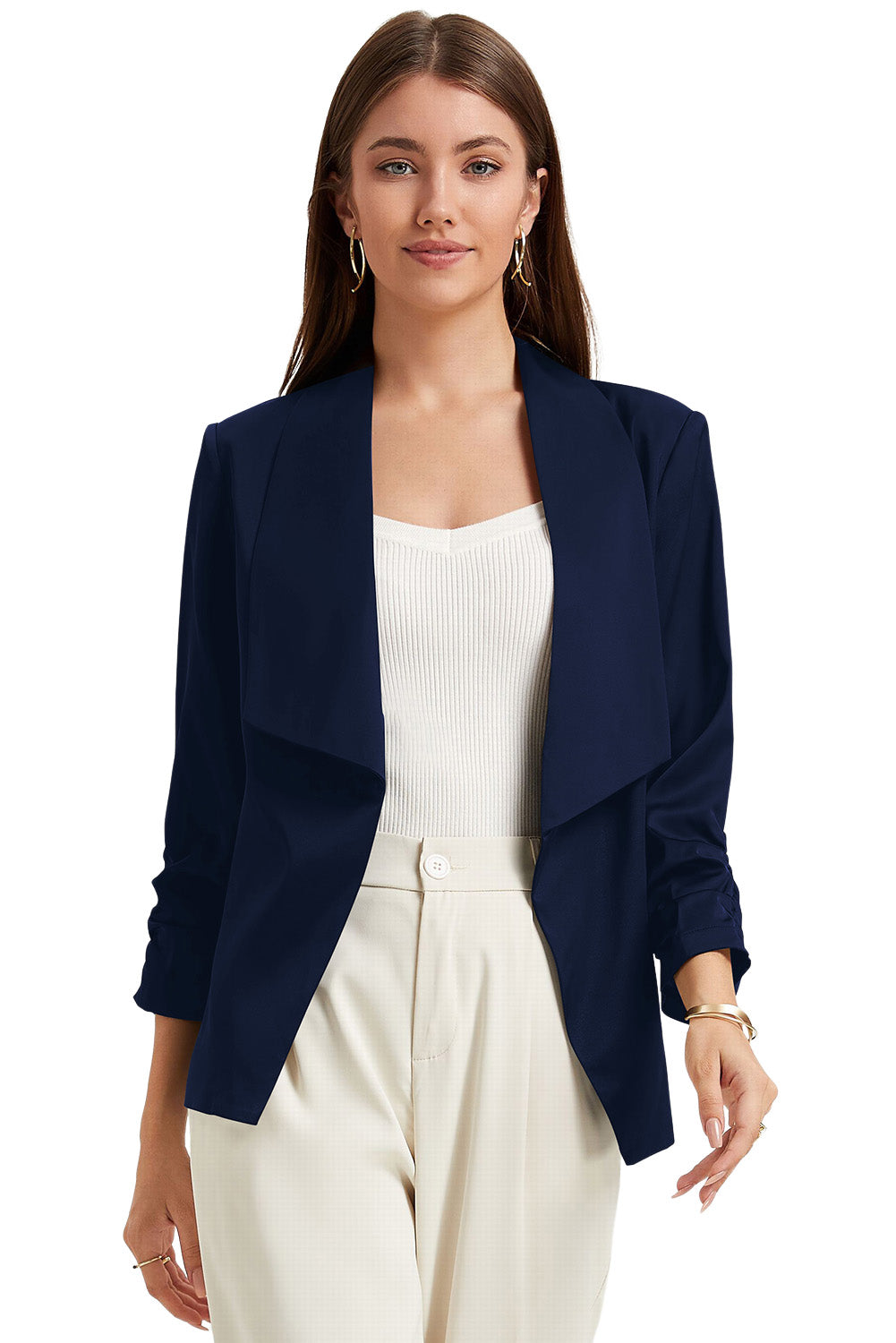 Apricot Solid Lapel Collar Satin Blazer