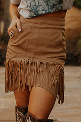 Brown Tassel Zipped Pockets High Waist Mini Skirt