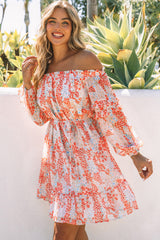 Red Floral Off The Shoulder Print Ruffled Dress with Tie