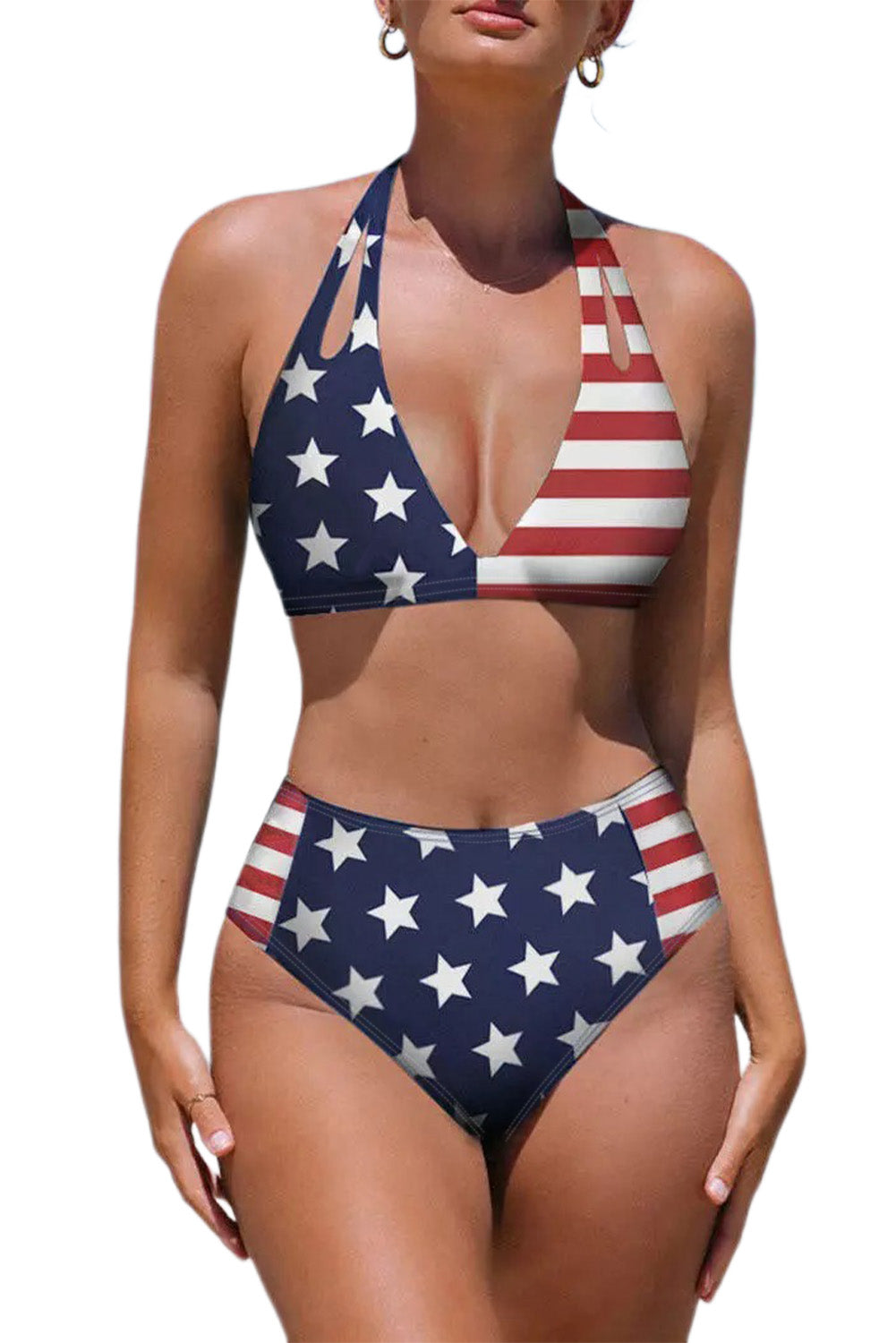 Blue Stars and Stripes Patchwork Flag Pattern Bikini Swimsuit