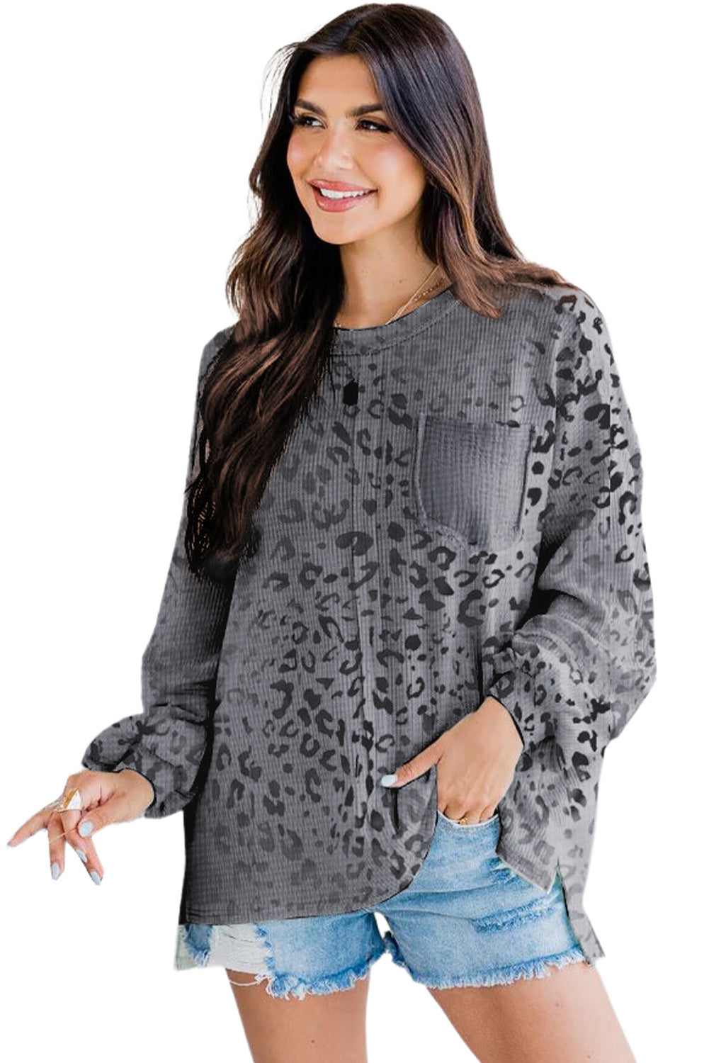 Gradient Leopard Print Amicg Knit Long Sleeve Top