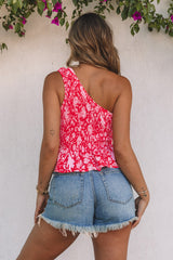 Red Smocked One-shoulder Floral Tank