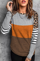 Gray Leopard Striped Color Block Long Sleeve Blouse