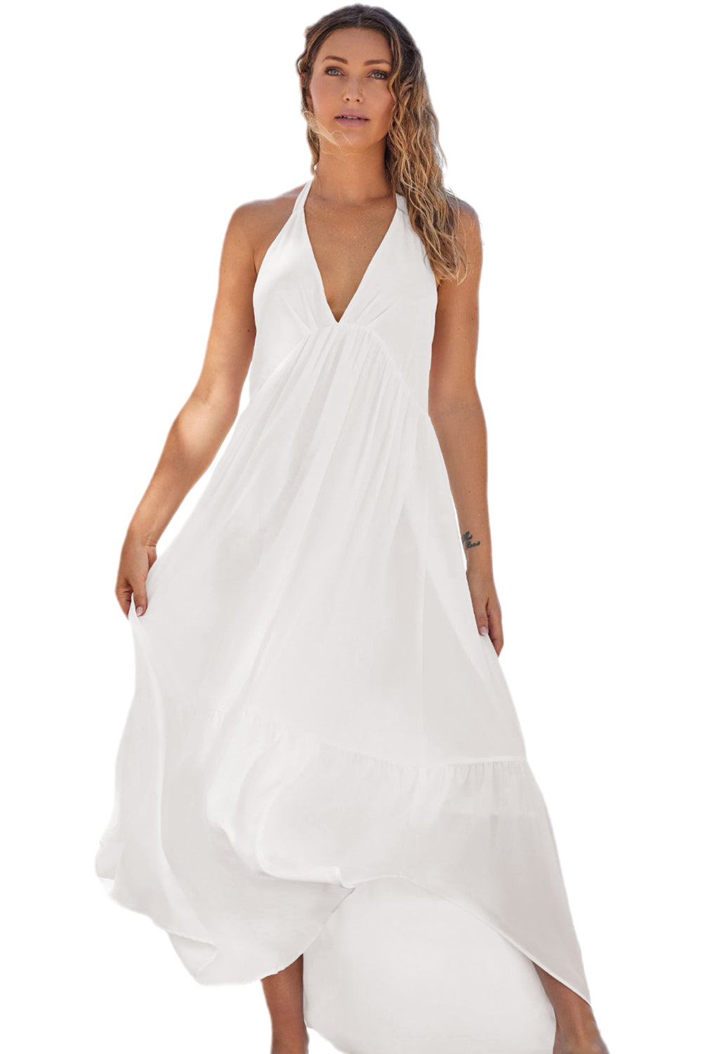 White Halter Neck Deep V Backless Asymmetric Maxi Dress