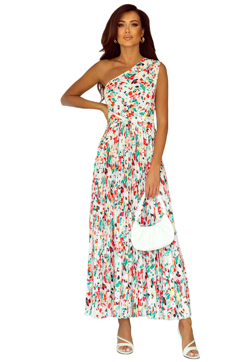 Green Boho Floral One-Shoulder Sleeveless Pleated Maxi Dress