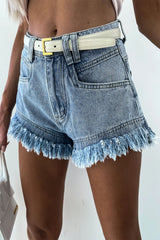 Sky Blue Raw Hem Acid Wash Denim Shorts