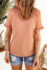 Pink Solid Textured Frill Short Sleeve V Neck T-shirt