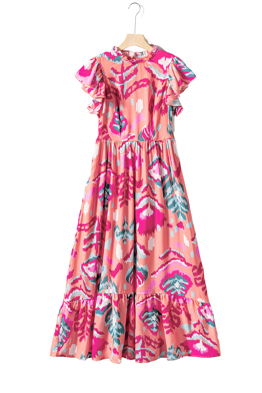 Multicolor Abstract Floral Print Frill Neck Ruffle Maxi Dress