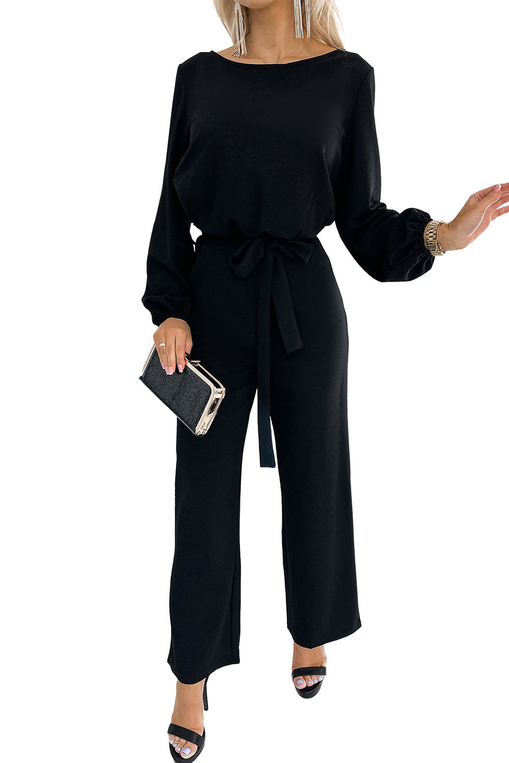 Black Boat Neck Bubble Sleeve Straight Legs Jumpsuit with Belt Tie