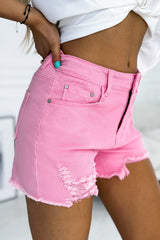 Rose Solid Color Distressed Denim Shorts