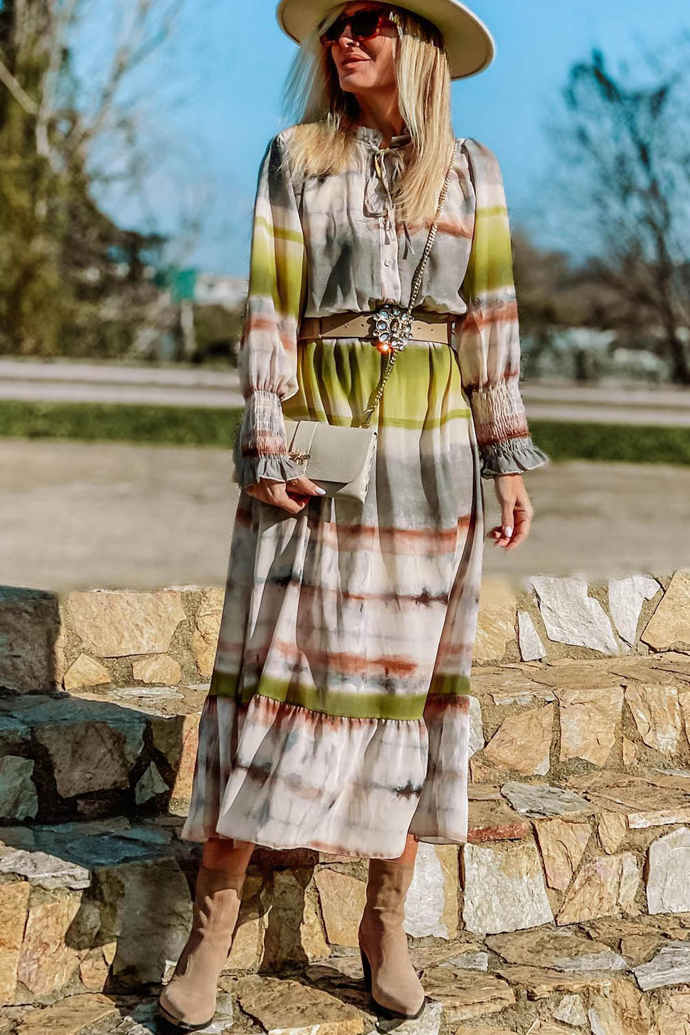 Multicolor Lace Up Tie-dye Print Long Shirt Dress