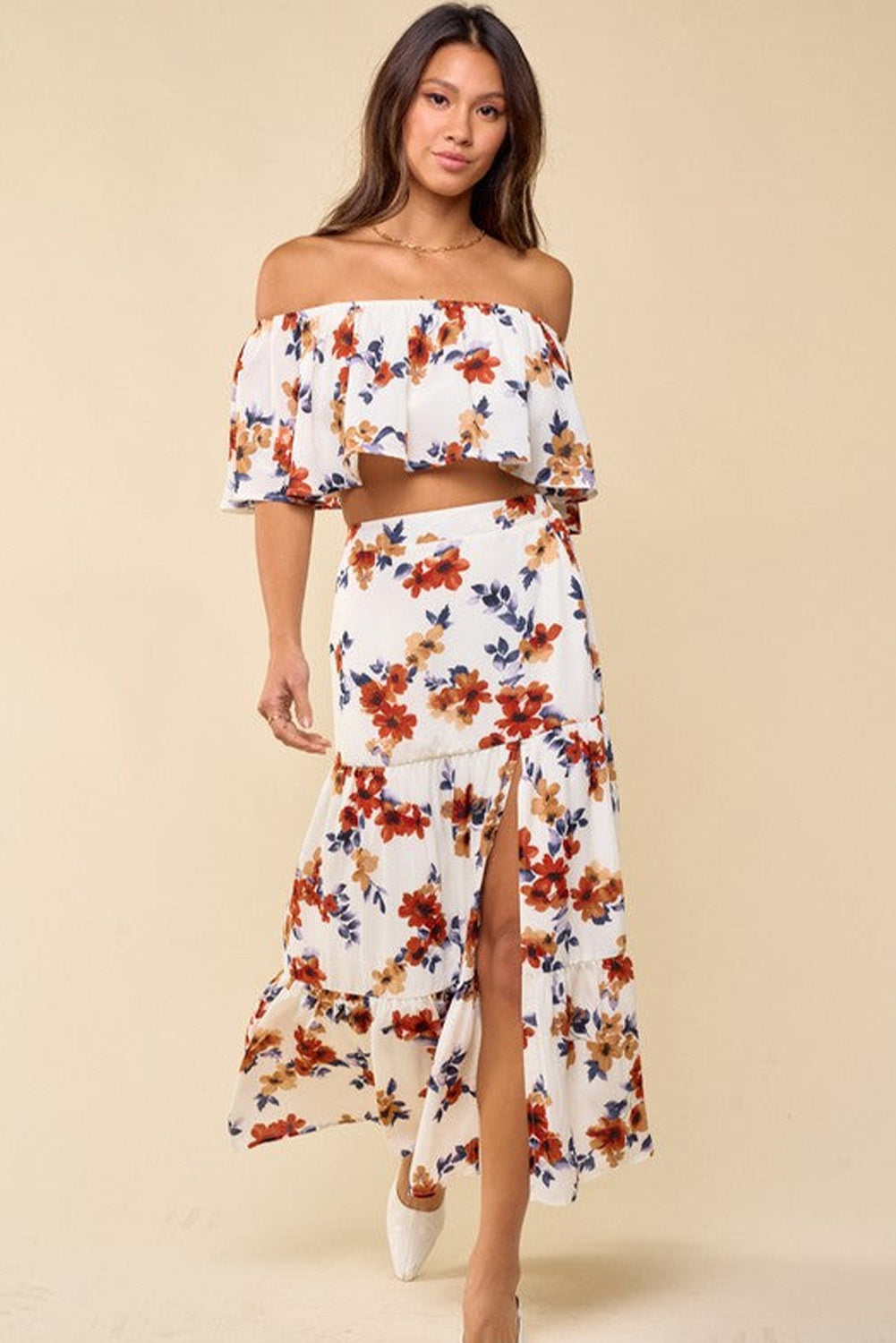 White Floral Print Off-shoulder Crop Top and Maxi Skirt Set