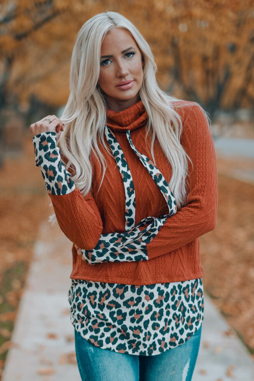 Leopard Patchwork Cowl Neck Knit Top