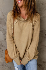 Khaki Waffle Knit Patchwork Oversized Pullover Sweatshirt