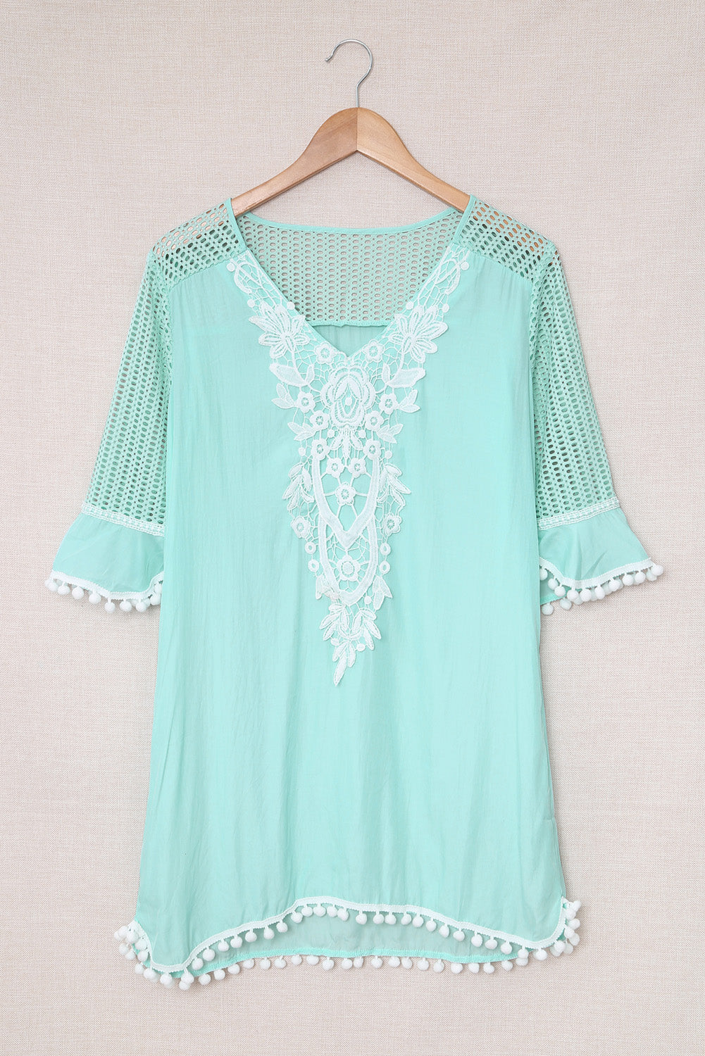 Green Crochet Pom Pom Trim Beach Tunic Cover up