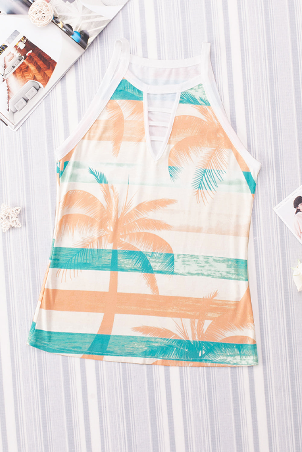 White Coconut Tree Striped Keyhole Neck Tank Top