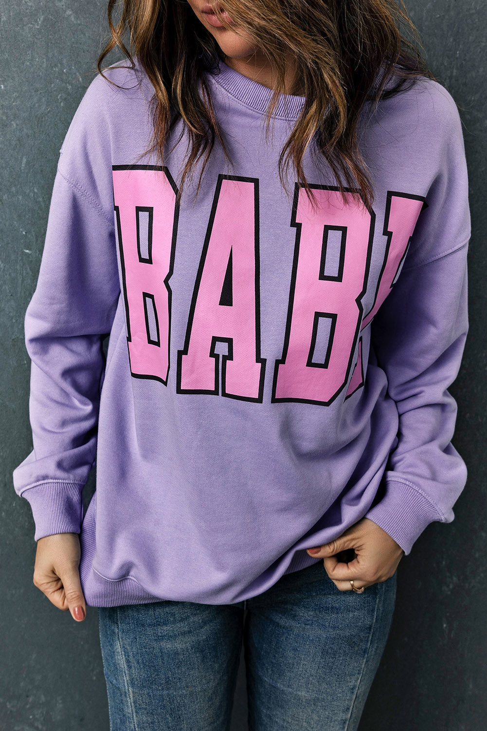 Gray BABE Letter Graphic Pullover Sweatshirt