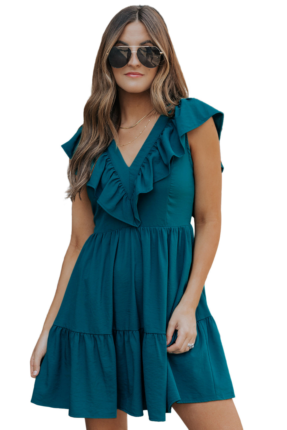 Blue Ruffle Trim V Neck Smocking Back Mini Dress