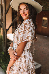 Pink Floral Print Smocked High Waist Deep V Neck Mini Dress