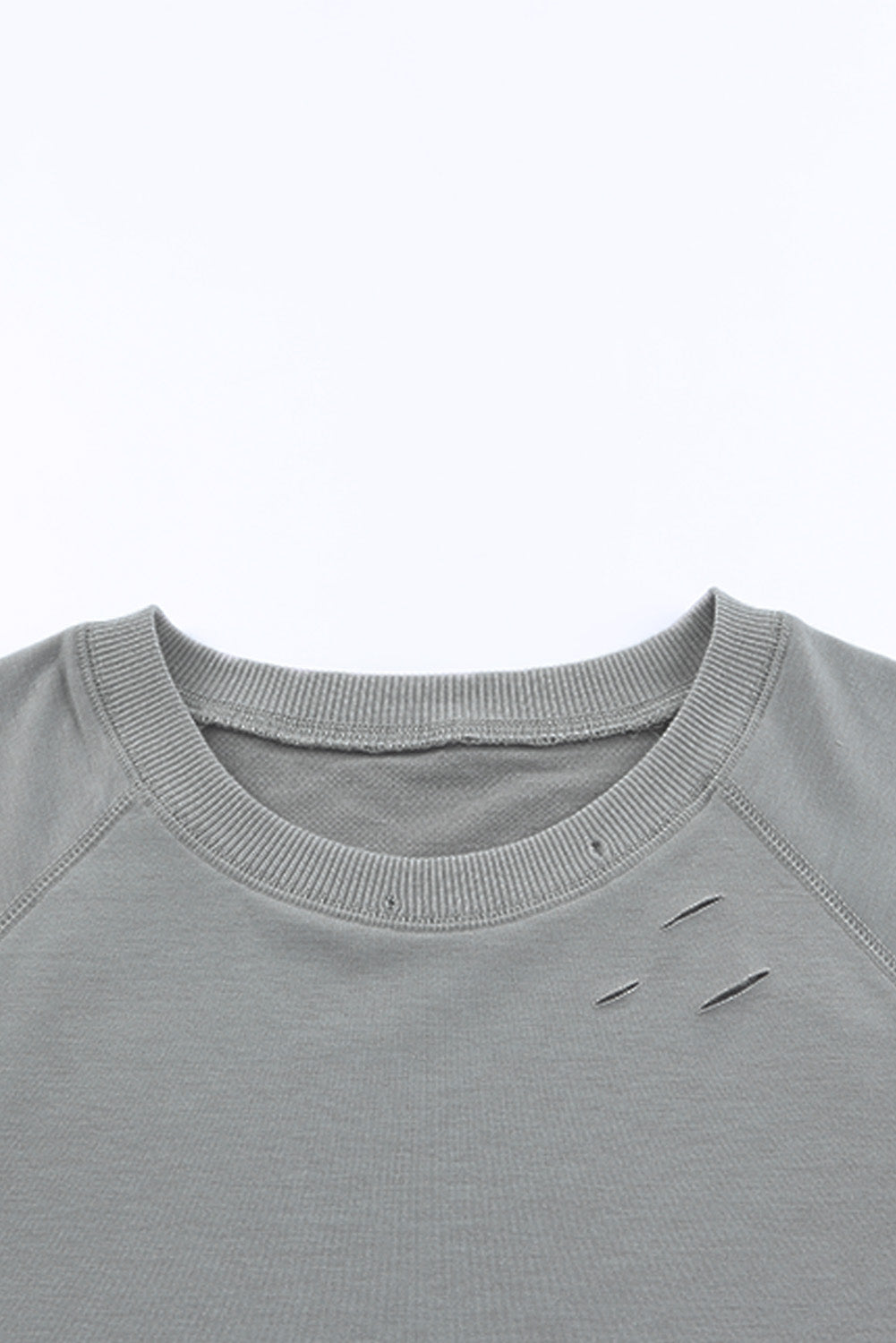 Gray Ribbed Trim Distressed Pullover Top