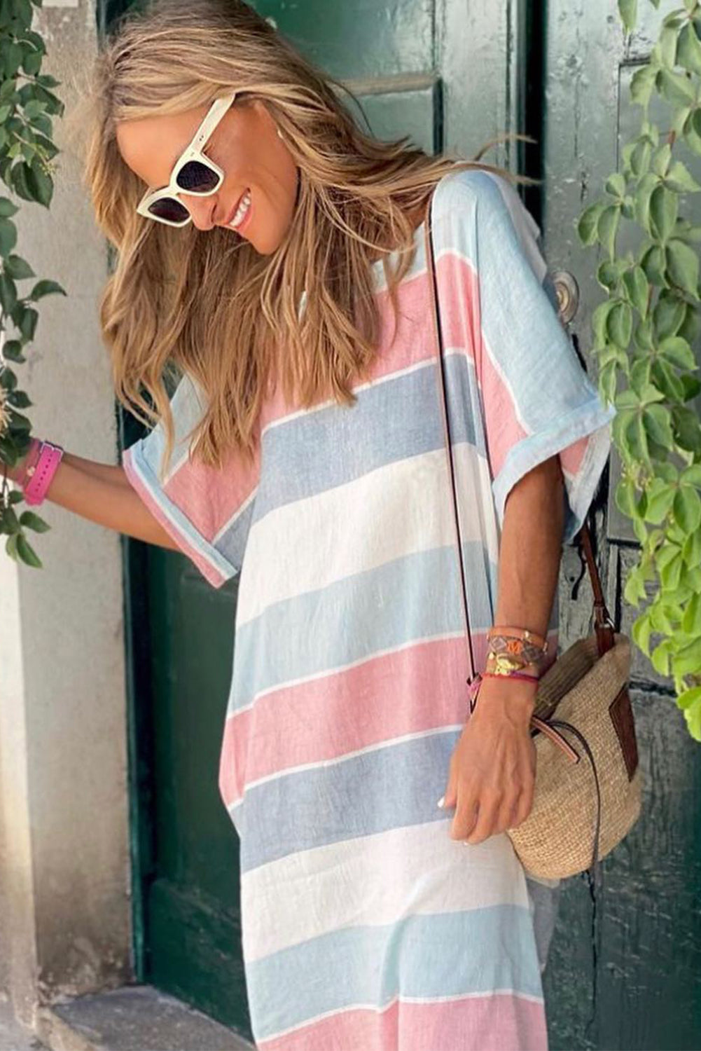 Multicolor Striped Color Block Loose Fit 3/4 Sleeve Dress