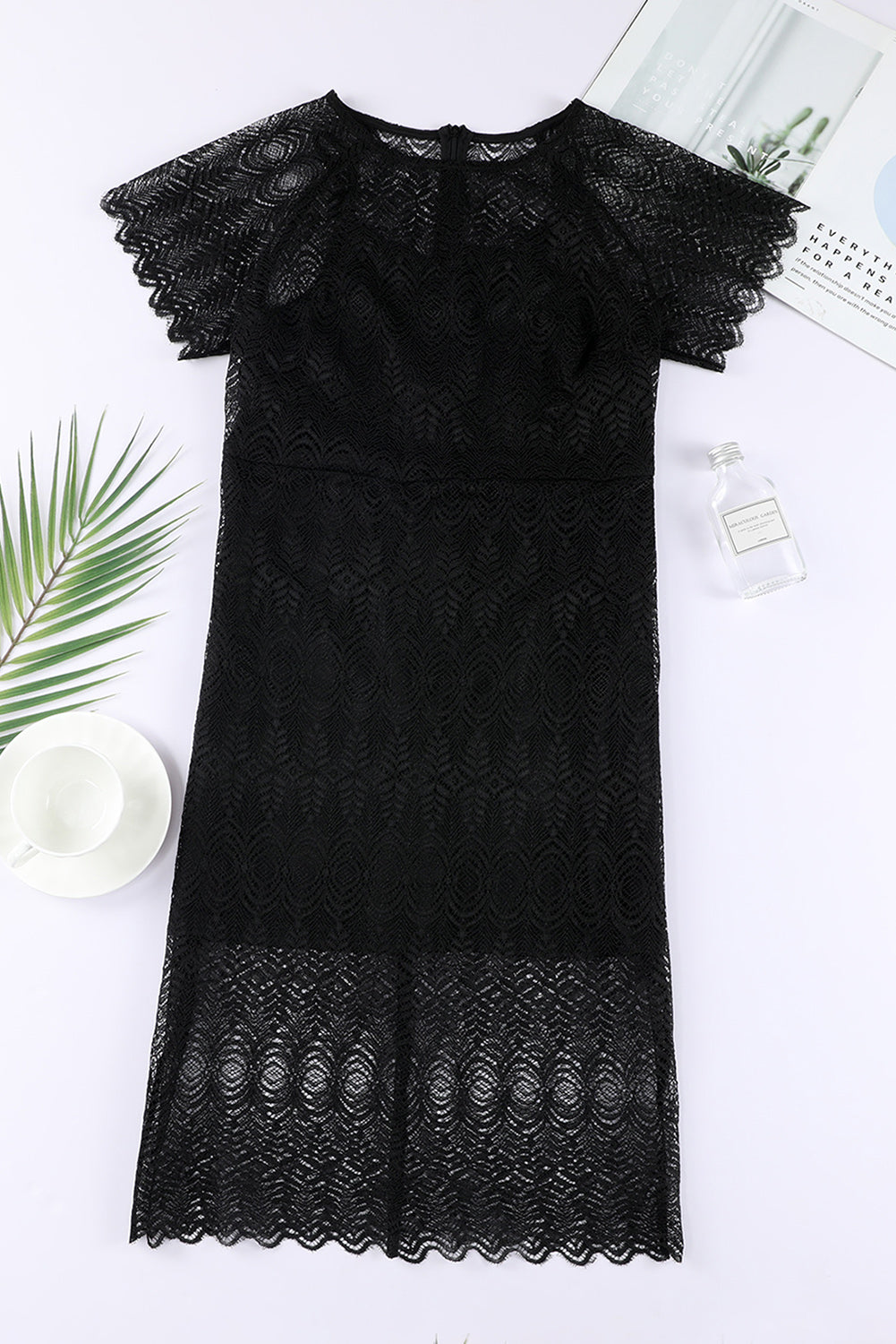 Black Solid Color Lace Crochet Zipped Midi Dress