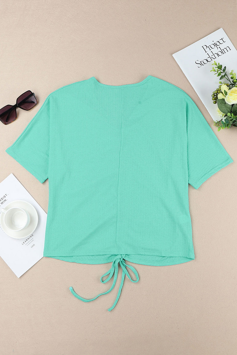 Green Plus Size Ruched Rib Drawstring V Neck Top