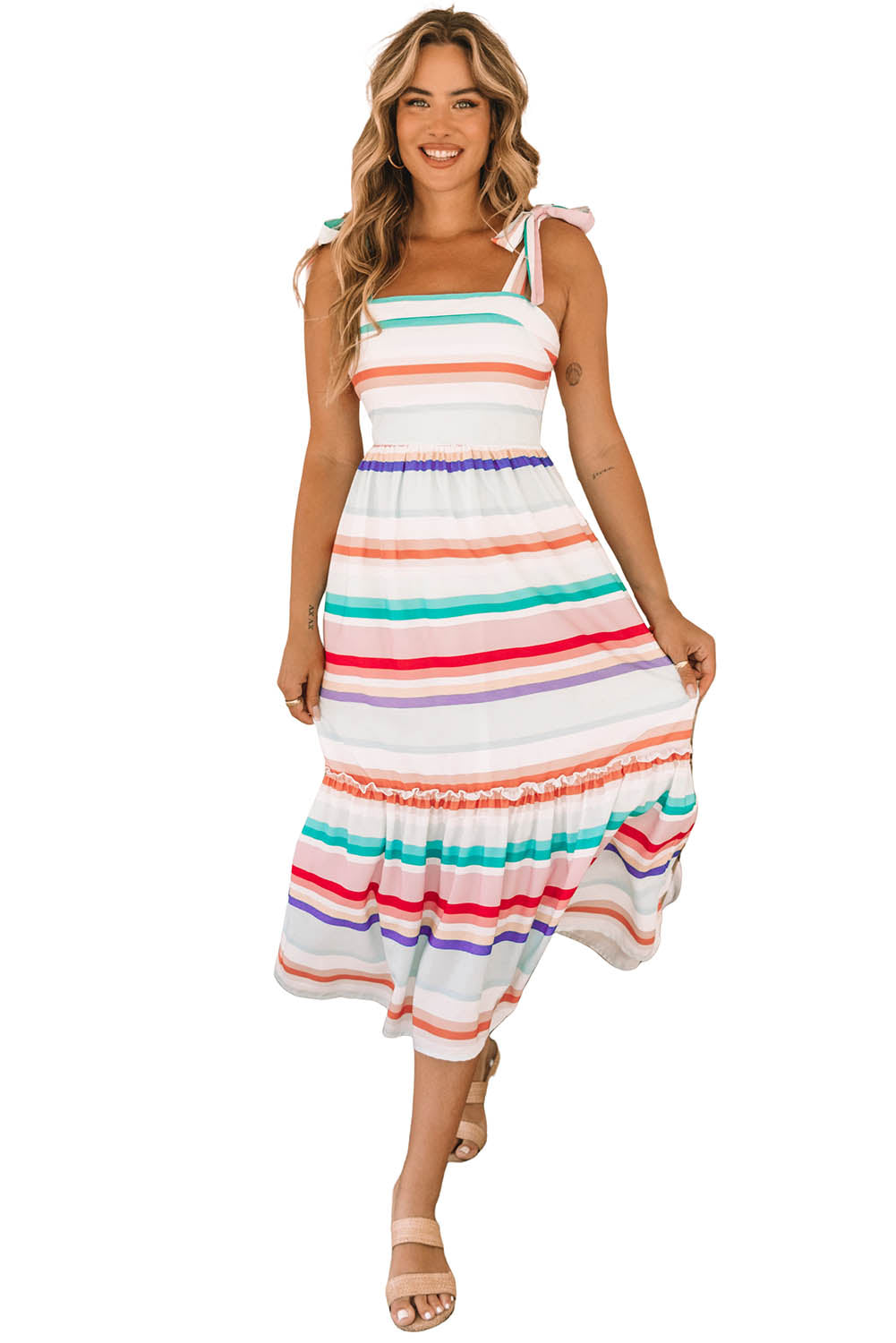 Multicolor Tie Shoulder Strap Striped Midi Dress