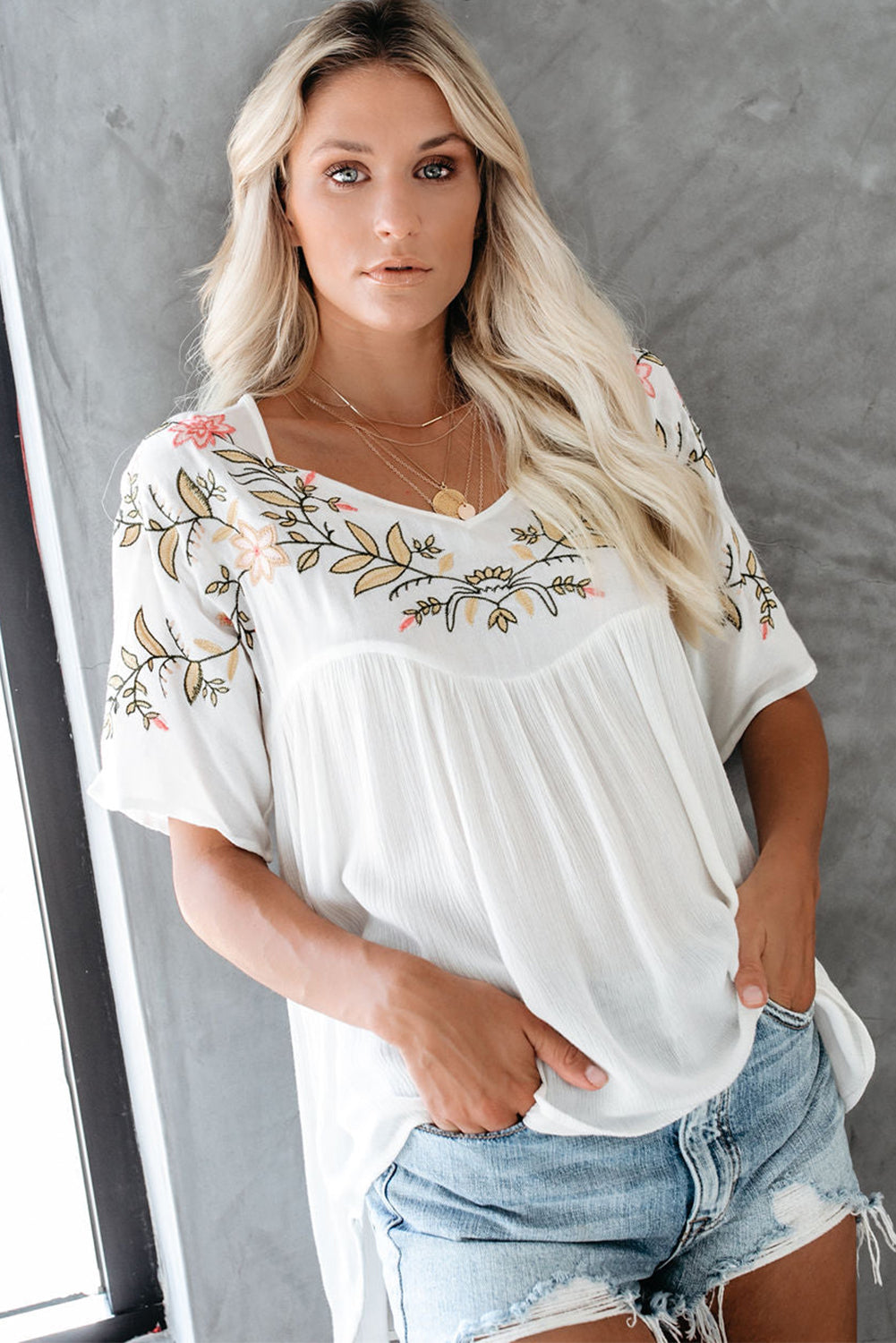 White Floral Embroidered V Neck Crinkle Babydoll Blouse