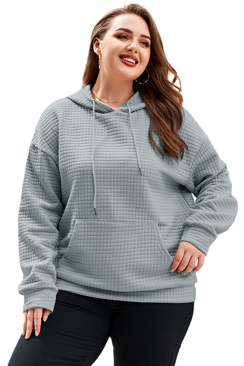 Gray Quilted Kangaroo Pocket Drawstring Hoodie