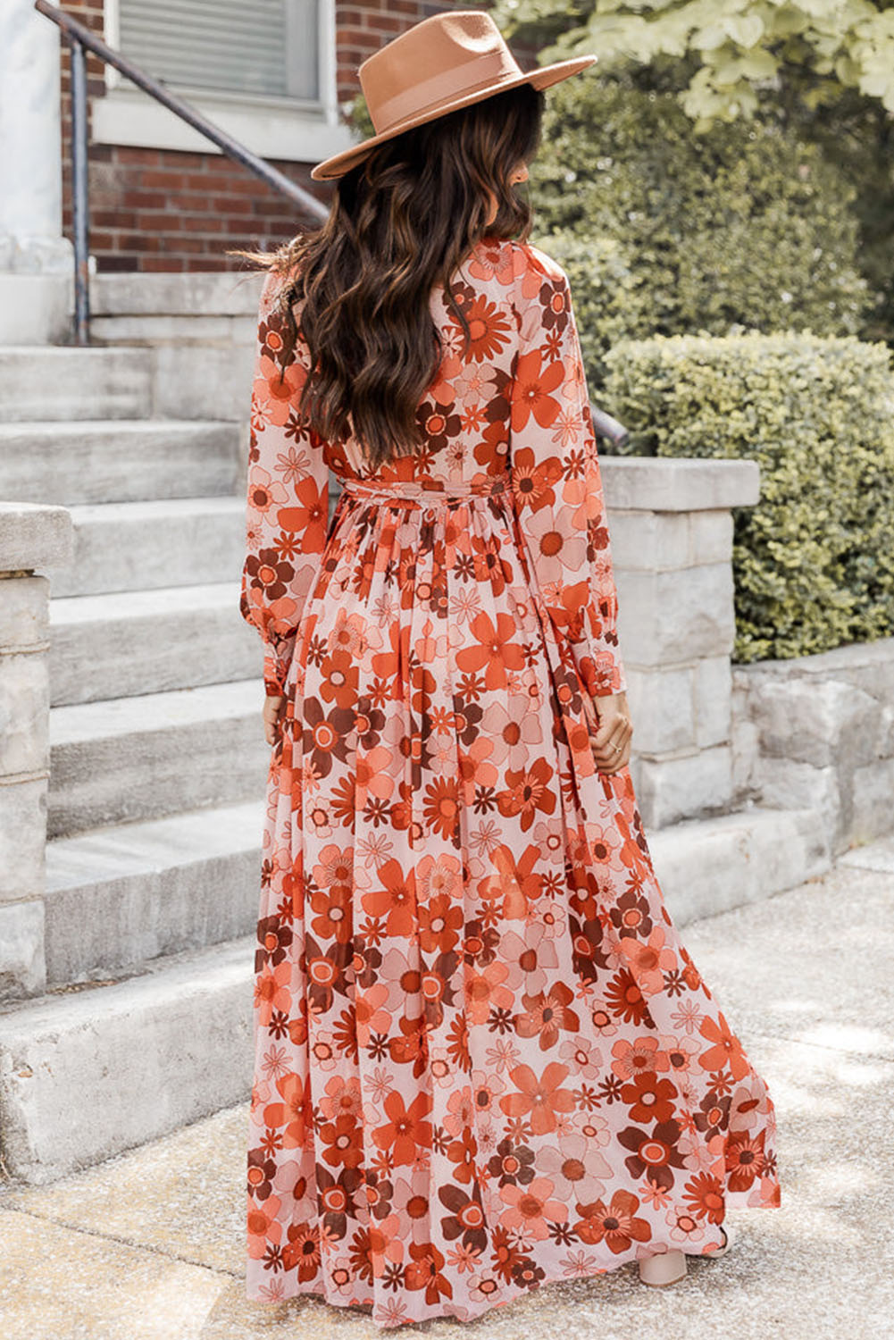 Orange Plus Size Floral Print V Neck Wrap Side Slit Maxi Dress